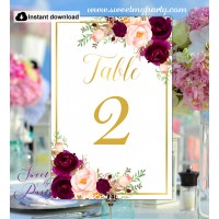 Burgundy Wedding Table numbers, Burgundy gold table numbers, (61c)